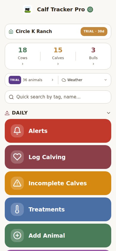 Calf Tracker Pro producer dashboard showing demo herd totals and quick actions for alerts, calving, treatments, and adding an animal.