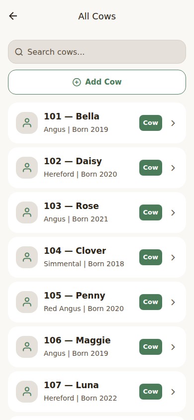 Searchable demo cow list showing tag numbers, sample names, breeds, and birth years.