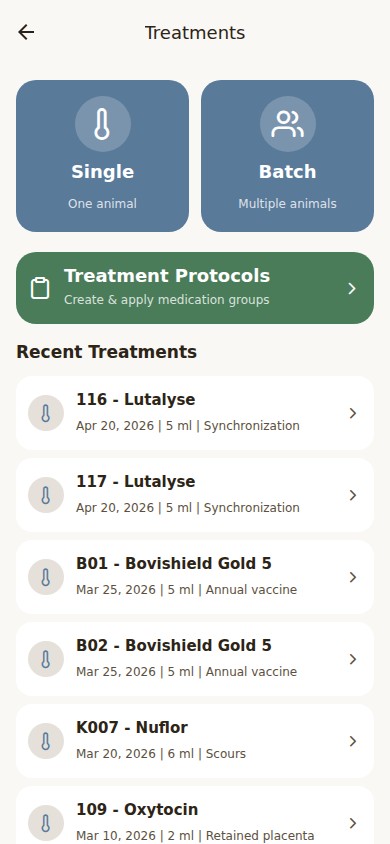 Calf Tracker Pro treatments workspace showing single and batch treatment actions, protocols, and recent demo treatment records.